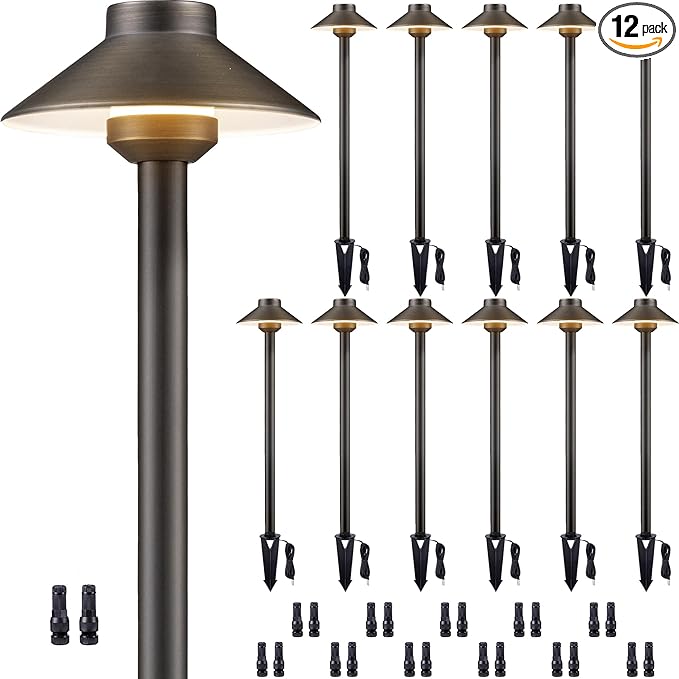 Solid Cast Brass Pathway Light - 12v Landscape Pathlights Outdoor Waterproof, Electric Path Lights Wired, Hat Shape Antique Bronze for Garden Decorations G4 Bulb Not Included (12 Pack)