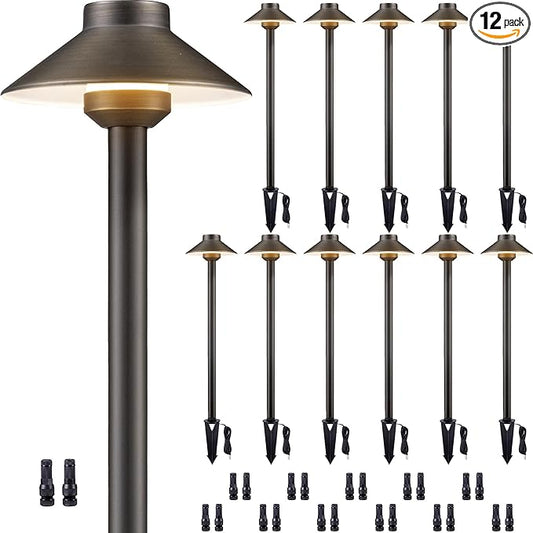 Solid Cast Brass Pathway Light - 12v Landscape Pathlights Outdoor Waterproof, Electric Path Lights Wired, Hat Shape Antique Bronze for Garden Decorations G4 Bulb Not Included (12 Pack)