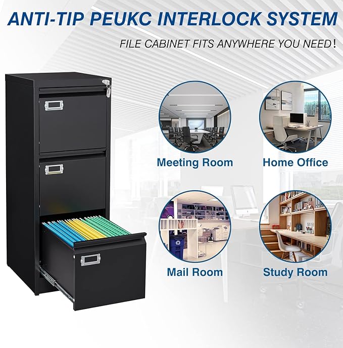 3-Drawer File Cabinet, 16.3" Deep Vertical Filing Cabinet with Lock, Metal File Cabinet for Home Office, Anti-Tip 3 Storage Drawers for Letter/Legal/A4/F4 Size, Assembly Required, Black