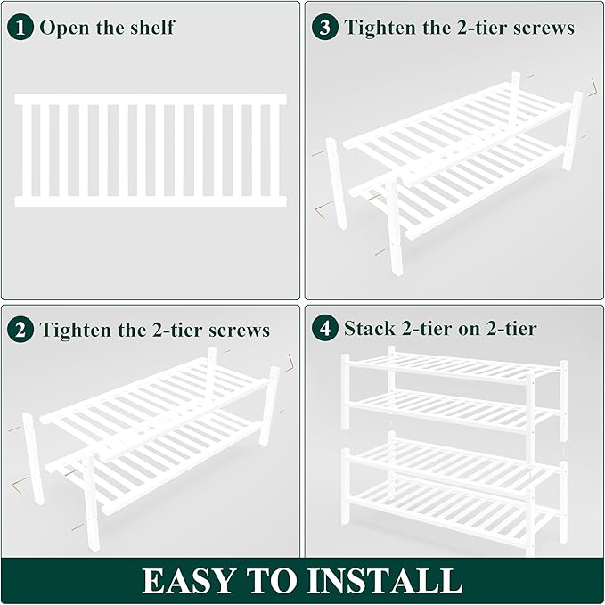 Smiry Bamboo Shoe Rack for Closet, 4 Tier Wooden Stackable Shoe Organizer, Free Standing Shoes Storage Shelf for Entryway, Front Door Entrance, White