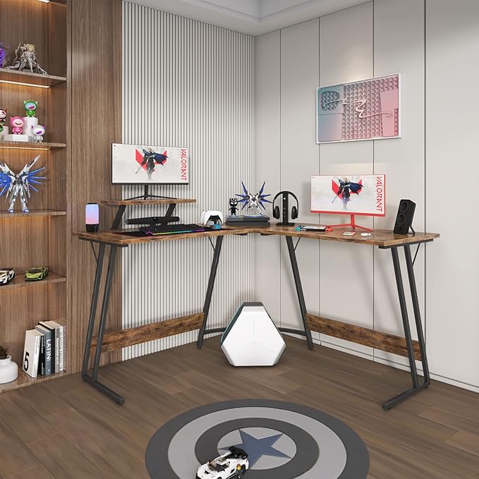 Homall L Shaped Gaming Desk Computer Corner Desk PC Gaming Desk Table with Large Monitor Riser Stand for Home Office Sturdy Writing Workstation (Classical Brown, 51 Inch)