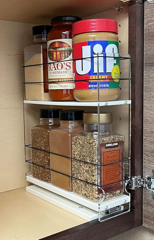 Vertical Spice - Sliding Spice Rack Organizer for Cabinets - Pull Out Shelves for Upper Kitchen Cabinets - Cabinet Organizer/Storage - 2 Tiers - 3.45" x 12.25" x 10.6" (Cream, Partially Assembled)