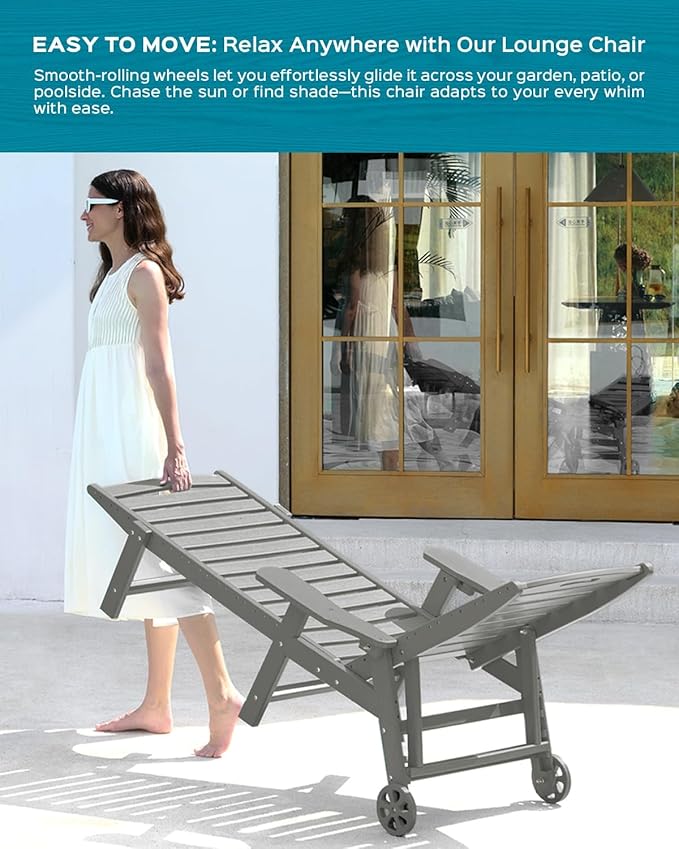 Outdoor Chaise Lounge Chair Set of 2, Patio Lounge Chairs for Outside, HDPE Lounge Chairs with Wheels & Cup Holder, Poly Lounge Chair with 5 Position for Poolside, Deck, Grey