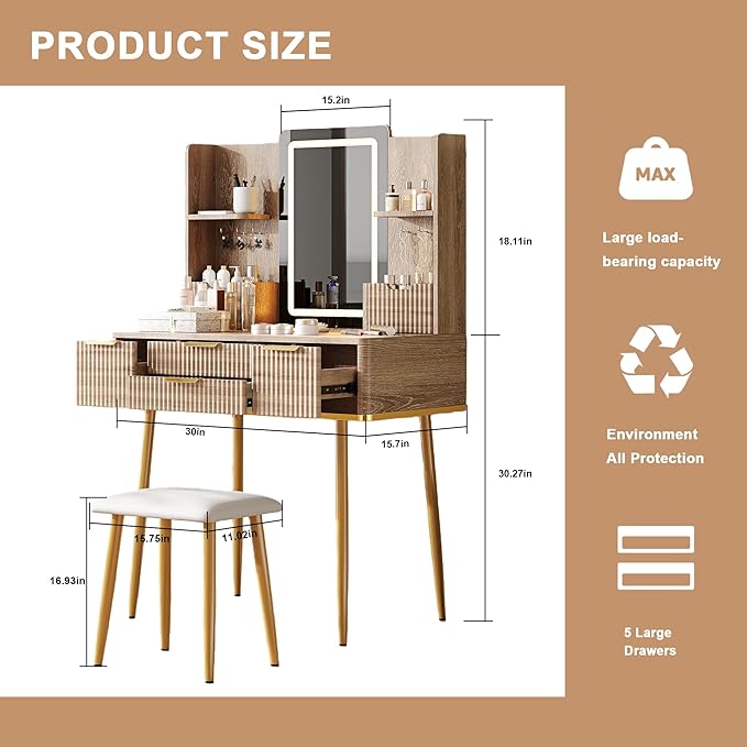Casaphoria Vanity Desk with LED Mirror Lights, 4 Drawers & Jewelry Storage, Yellow Brown Makeup Dressing Table with Metal Legs and PU Stool for Bedroom Girls Women