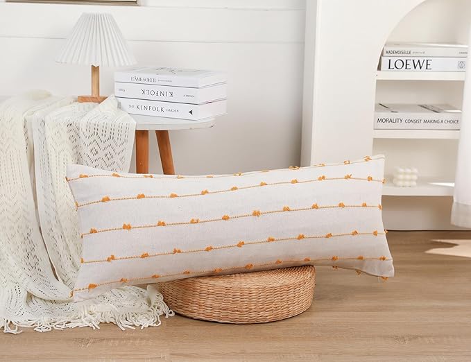 Long Lumbar Throw Pillow Cover 14x36,Stripe Pattern Cotton Yellow Boho Extra Long Decorative Pillow Cover Pillow Case Cushion Cover for Bed Sofa Couch Farmhouse,Skinny Modern Accent