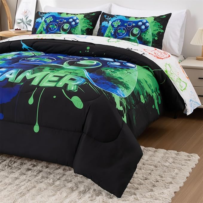 NTBED Game Console Comforter Set for Boys Girls Kids Tie Dye Gaming Lightweight Microfiber Gamer Bedding Sets (Blue Green, Twin 5Pcs)