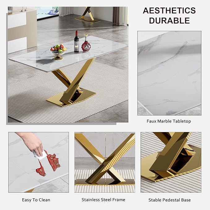 70" Faux Marble Dining Table Set for 6, 7-Piece Dining Set with White Gold Kitchen Table and 6 Velvet Tufted Chairs, Modern Rectangular Dining Room Table with X-Shape Stainless Steel Base