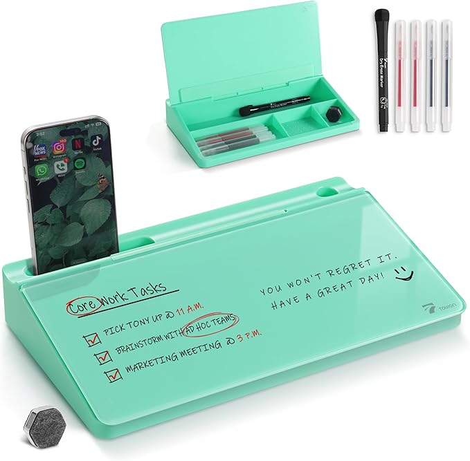 TOWON Small Compact Glass Desktop Whiteboard with Storage – 12 x 7 in Dry Erase Board for Desk, Home Office, School | Includes 5 Markers, Eraser & Holder | Space-Saving Organizer, Aesthetic Mint Green