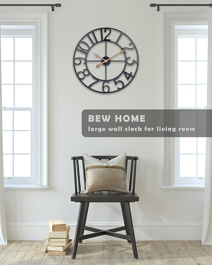 Large Wall Clock for Living Room Decor, 30 in Oversized Wall Clocks Battery Operated Silent Non Ticking, Modern Farmhouse Decorative Wall Clock for Kitchen, Bedroom, Office - Black Metal