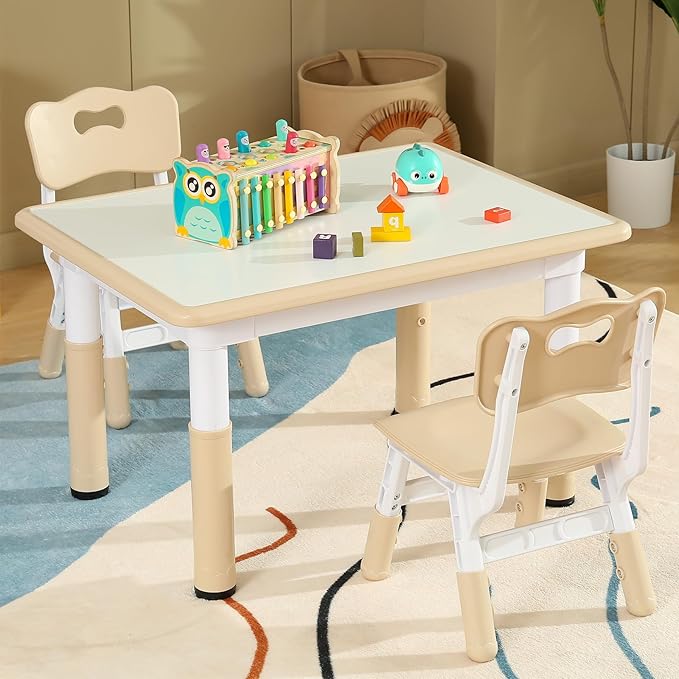 Kids Table and 2 Chair Set, Toddler Table and Chair Set Height Adjustable, 31.5''L x 23.6''W Multifunctional Kids Table for Reading, Drawing, Eating, for Ages 2-10, White Board + Beige