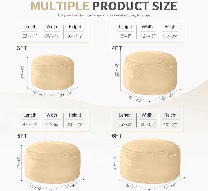 Homguava 6FT Bean Bag Chair Giant BeanBag with Memory Foam Filled, Large Bean Bag Chairs for Adults, Adult Bean Bag Chair with Dutch Velvet Cover for Living Room Bedroom-Khaki