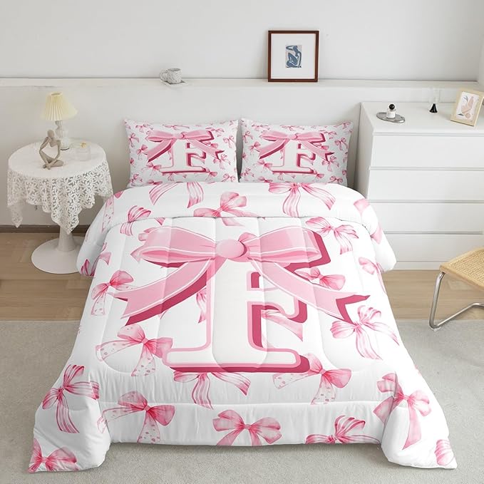 jejeloiu Kids Girls Cute Pink Bow Comforter Set Twin Size Monogrammed Bedding Set Ultra Soft Personalized Initial F Duvet Quilt Coquette Bow Knot Quilt Set Room Decor Modern Fashion Comforter