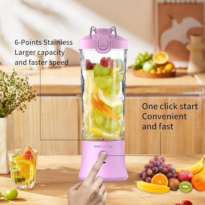 Portable Blender with 20 Oz Travel Cup, Mini Personal Size with 6 Blades and USB Rechargeable for Shakes, Smoothies, Gym, Kitchen and Outdoors (Purple)