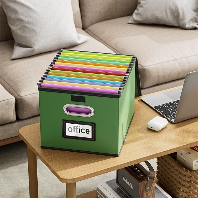 Huolewa Portable Leather File Organizer Boxes with Lids, Office Document Boxes Organizer, Filing Boxes, Decorative Small File Boxes for Hanging Files, File Cabinet for Office/Home - 4 Pack