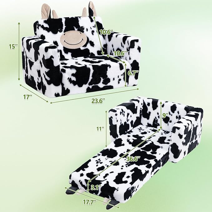 ALIMORDEN Fold Out Toddler Couch, Comfy 2-in-1 Cuddly Sherpa Bear Chair for Kids, Convertible Sofa to Lounger, Kids Cozy Corner Play Couch for Boys and Girls, Cow