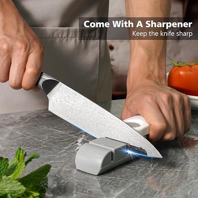 8 Inch Chef Knife, Kitchen Knife with Sharpener and Finger Guard, Professional Steel Sharp Chef's Knife Set with Ergonomic Handle, Gifts for Mom/Dad, Black