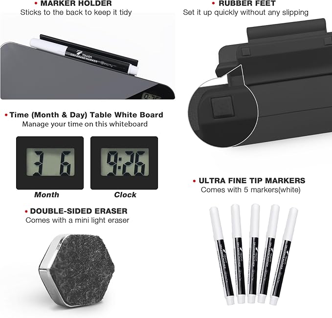 TOWON Small White Board for Desk with Clock, Small Desktop Whiteboard Glass with Pen Holder, Time Reminder Dry Erase Board, Whiteboard for Desk, Digital LCD Display, for Home Office, Black, 8 x 6 in