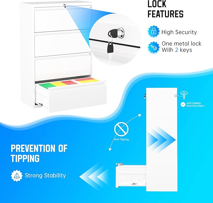 Greenvelly 4 Drawer File Cabinet with Lock, Lateral Filing Cabinets for Home Office, Lockable Metal Lateral File Cabinet, Wide Office File Cabinets with Hanging Files&Key for Letter/Legal/F4/A4