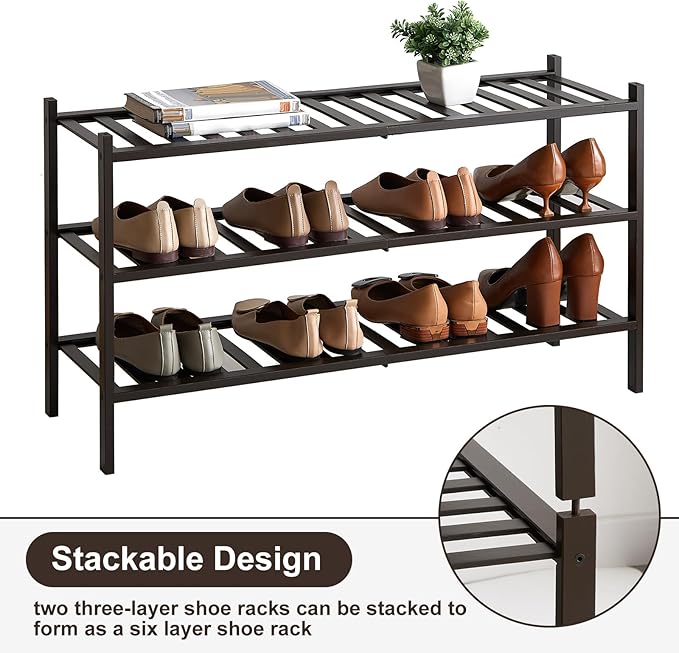 Long Shoe Rack, 3-Tier Bamboo Stackable Shoe Shelf Storage Organizer, Shoe Stand for Closet, Entryway and Hallway