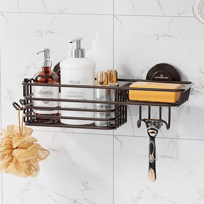 LEVERLOC Shower Caddy Suction Cup, Heavy Duty Bathroom Organizer for Inside Shower with Hooks & Soap holder， NO-Drilling Bathroom Holder-Brown