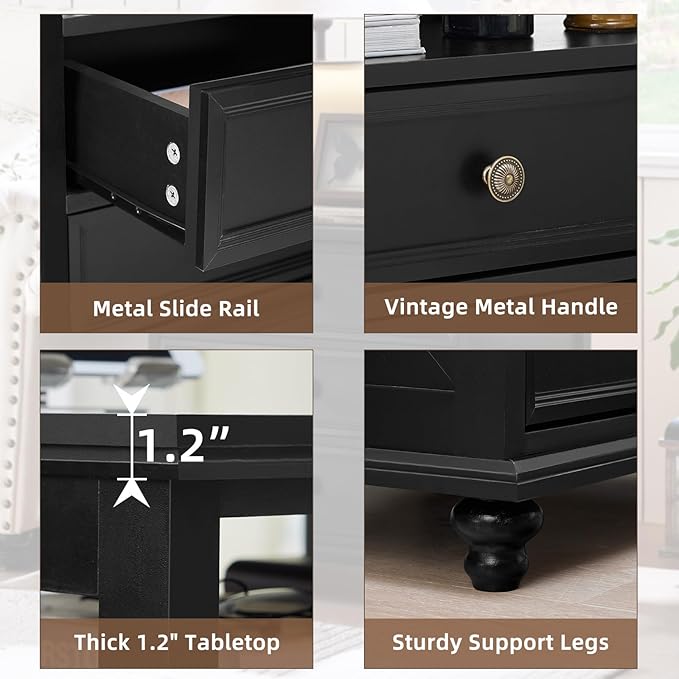 24" Wide Farmhouse Night Stand,Large End Table with 2 Drawers & Metal Handle,Wood Dresser for Bedroom, Black Bed Side Table Chest of Drawers Cabinet,Nightstand for Living Room,Closet