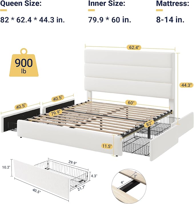 Allewie Modern Queen Size Platform Bed Frame with 4 Storage Drawers and Velvet Upholstered Headboard, Wooden Slats Support, Upholstered Mattress Foundation/No Box Spring Needed/Easy Assembly, White
