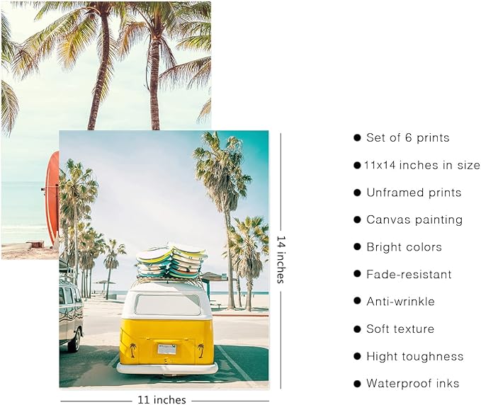 HoozGee Beach Wall Art Prints Set of 6 Summer Seascape Palm Poster Wall Decor Nature Landscape Coastal Surf Art Prints Pictures Photography Photos Print on Canvas Wall Decor (11"x14" UNFRAMED)