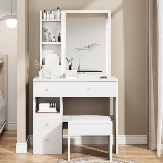Small Vanity Desk Set with Mirror and Drawers, Makeup Vanity Desk Set with Storage Drawer, Solid Compact Vanities Table with Chair, Compact Space Storage Shelves for Bedroom, White