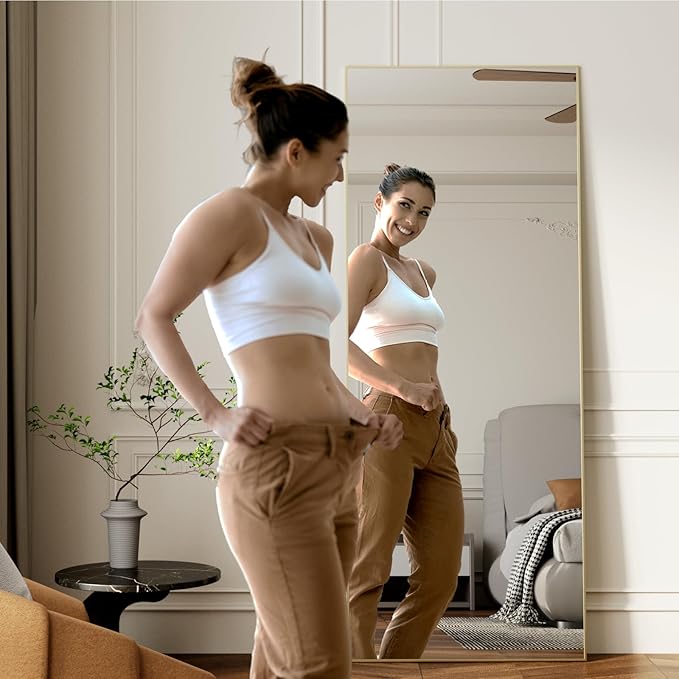 56"x15" Full Length Mirror, Gold Tempered Glass Rectangle Floor Standing Mirrors, Wall Mounted Hanging Aluminum Alloy Frame Bedroom Floor