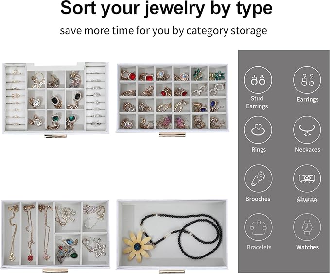 BOOVO Jewelry Boxes for Women, White and Black 4 Layer Large Jewelry Box for Necklace, Bracelet, Earrings, Rings Storage, Jewelry holder Organizer for Girls Gift (Clear White, 4 layer)
