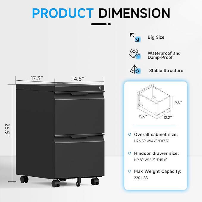 Bestoo 2 Drawer Metal Mobile File Cabinet, File Cabinet on Wheels with Lock for Letter/Legal/A4 File Under Desk, Metal Rolling File Cabinets for Home Office(Black)