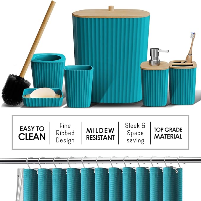 Bathroom Accessories Set with Shower Caddy and Bath Rugs, 27PC Bathroom Accessory Set with Shower Caddies Teal Bath Rugs, Shower Curtain Set, Toilet Brush, Trash Can, Soap Dispenser, Toothbrush holder