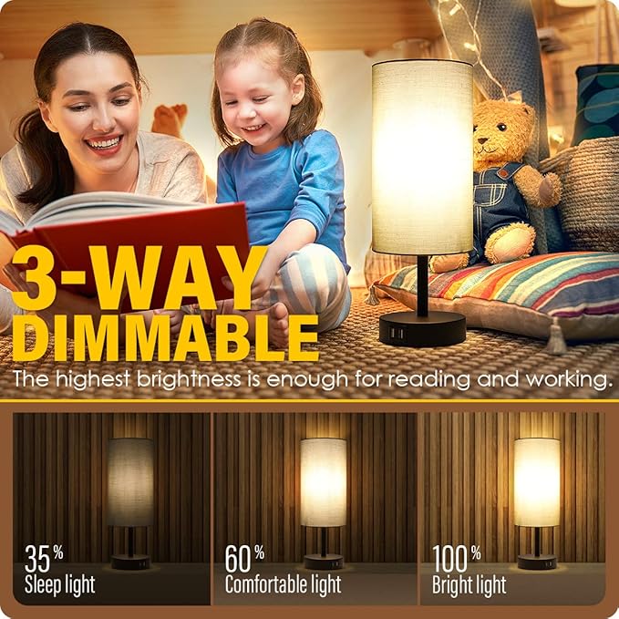 Yarra-Decor Bedside Lamp with USB Port - Touch Control Table Lamp for Bedroom 3 Way Dimmable Nightstand Lamp with Round Grey Fabric Shade for Living Room, Dorm, Home Office (LED Bulb Included)