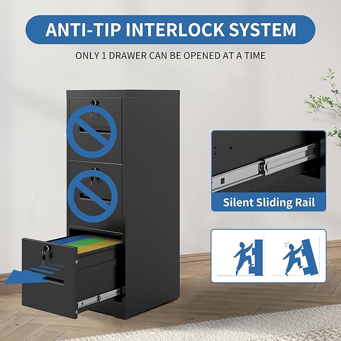3 Drawer File Cabinet with 3 Individual Locks, Vertical Metal Filing Cabinet Home Office Narrow Locking File Cabinets for A4/Legal/Letter File Folders, Anti-Tilt Design, Need Assemble (Black)