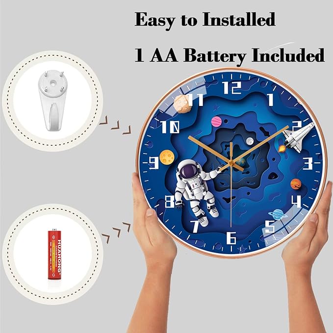 12 Inch Silent Movement Kids Wall Clock, Non Ticking Children Round Wall Clock Battery Operated Space Travel Style Decor Children Clock for School Boys Bedroom Living Room Space Decor (Blue)