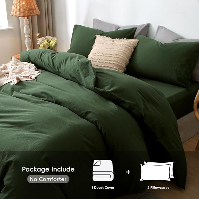 MooMee Bedding Duvet Cover Set 100% Washed Cotton Linen Like Textured Breathable Durable Soft Comfy (Solid Forest Green, Oversized Queen 98"x98")