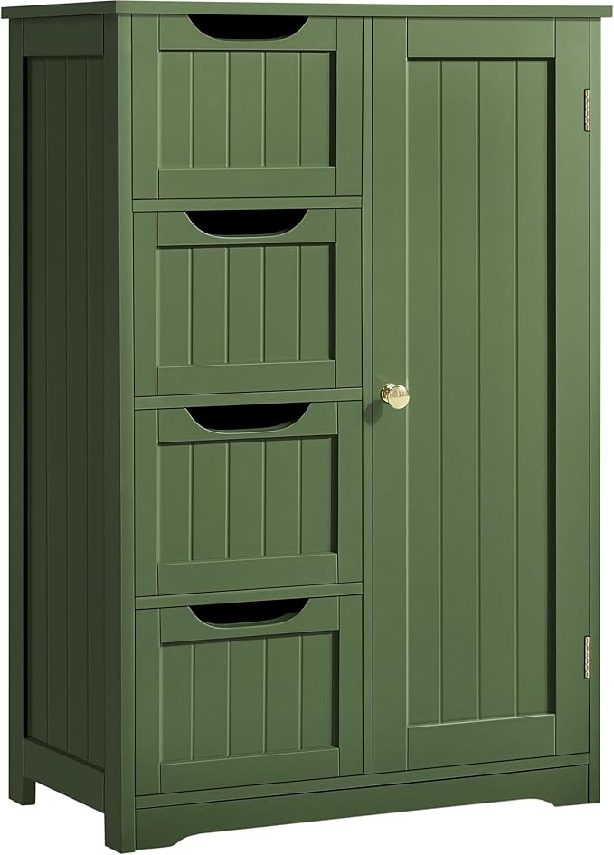 Yaheetech Wooden Bathroom Floor Cabinet, Side Storage Organizer Cabinet with 4 Drawers and 1 Cupboard, Freestanding Entryway Storage Unit Console Table, Bathroom Furniture Home Decor, Green