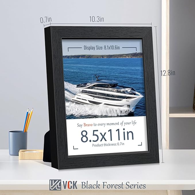 VCK 8.5x11 Picture Frame Set of 4 - Black, Gallery-Quality Wood Poster Frames, 1.1-Inch Wide Border, Polished Plexiglass, Vertical or Horizontal Wall & Tabletop Display for Photo/Art/Prints, Black