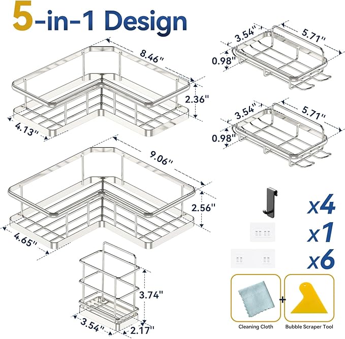 YASONIC Corner Shower Caddy Organizer, 5-Pack Self-Adhesive Rustproof Bath Shelves with Soap Holder & 4 Hooks, Large Capacity Shower Storage Rack for Bathroom Organization, Silver