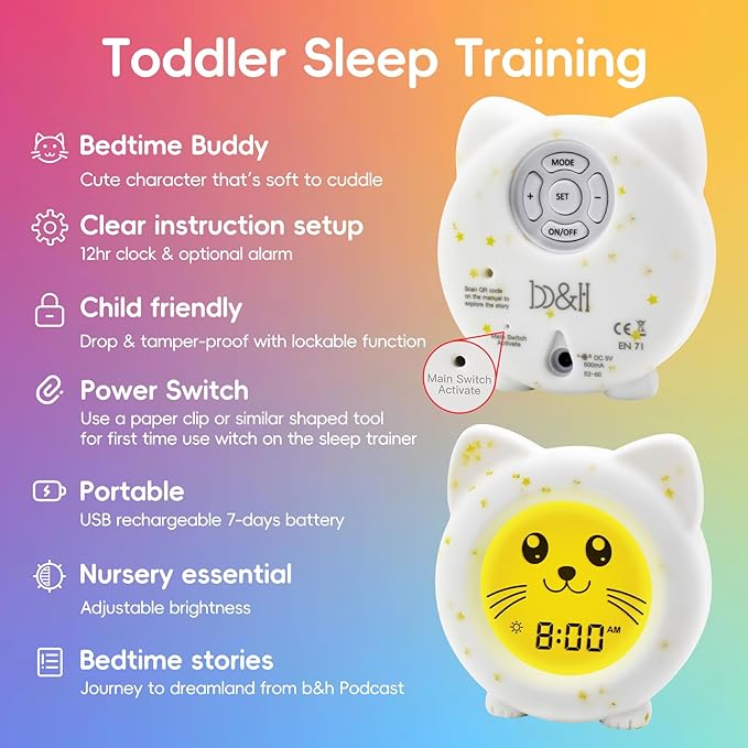 B&H Sleep Trainer Clock for Toddler, Cute Kids Ok to Wake Alarm Clock, Drop Proof, Rechargeable Young Children Night Light, Science-Backed Lighting for Peaceful Sleep and Ready to Wake Mornings