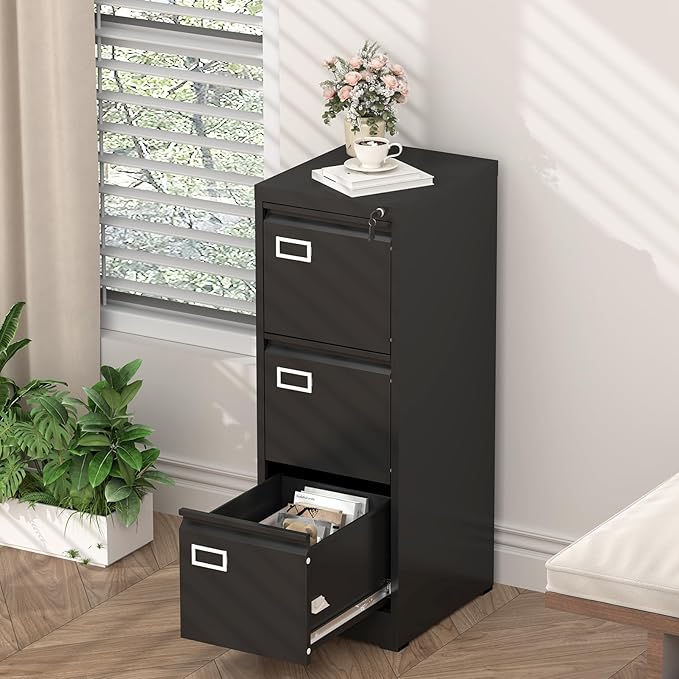 GREATMEET 3 Drawer File Cabinet with Lock, Metal Vertical File Cabinets for Home Office, Black Filing Cabinet for Letter/Legal/A4/F4 Size File,Assembly Require