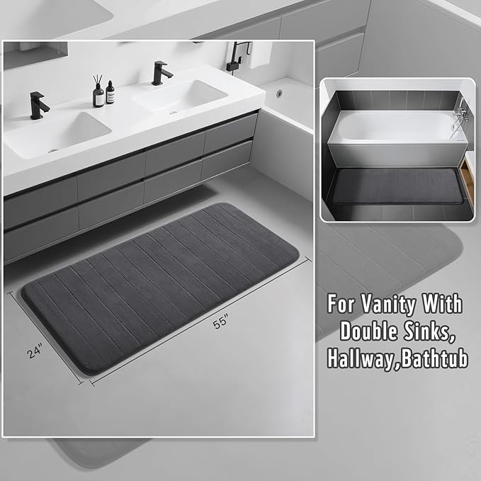 Yimobra Bathroom Runner 55"x24", Non Slip Memory Foam Bath Mat, Super Soft Water Absorbent Hallway Carpet, Machine Washable Rug for Vanity Tub Shower, Dark Gray