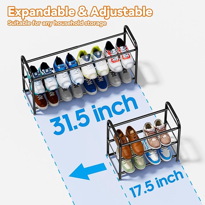 SUFAUY Expandable Shoe Rack Organizer, 3-Tier Metal Adjustable Shoe Shelf for Closet Entryway, Black