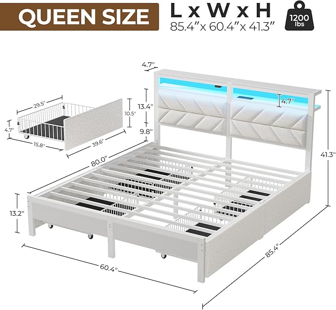 Seventable Queen Bed Frame with 4 Storage Drawers, Charging Station & LED Lights, Upholstered Headboard with 2-Tier Shelves, Metal Platform Bed, No Box Spring Needed, Noise-Free, White
