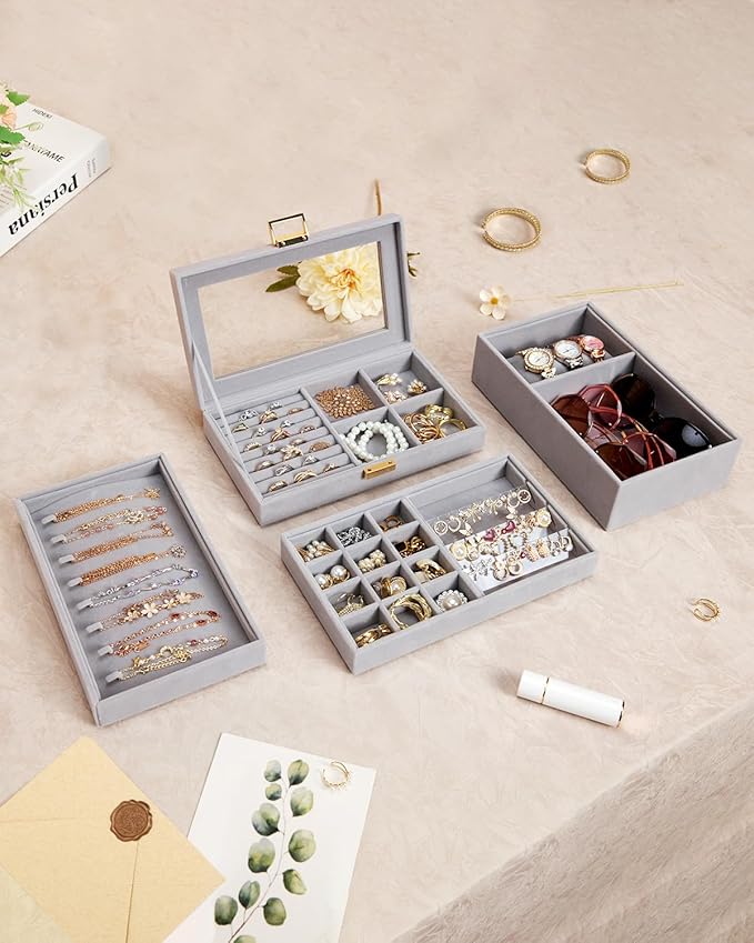 Homde Jewelry Tray Stackable Jewelry Box Drawer Organizer with Glass Lid, Removable Dividers for Vanity Table Gift Idea for Girls and Women (Gray)