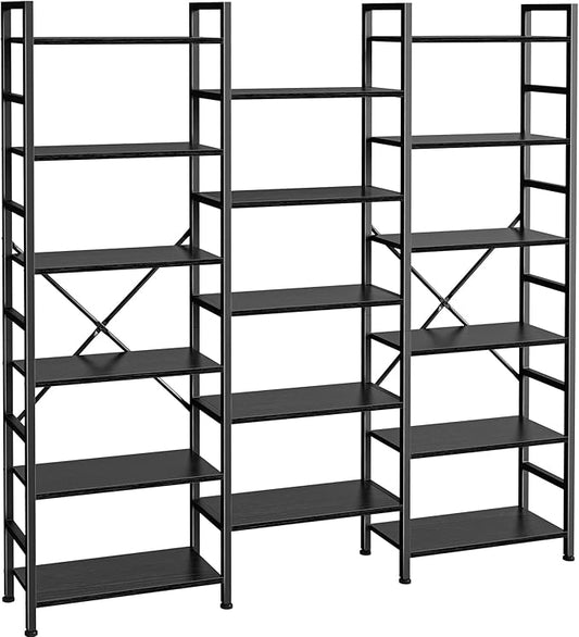 SUPERJARE Triple 6 Tier Bookshelf, Bookcase with 17 Open Display Shelves, Wide Book Shelf Book Case for Home & Office, Black
