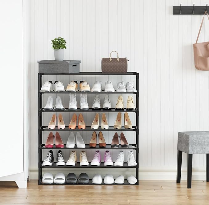 TY ARTS & CULTURE 2 Pack 7-Tiers Shoe Rack Organizer, Sturdy Metal Pipes & Durable Non-Woven Fabric, Space Saving Tall Shoe Shelf Hold 56-70 Pairs, Shoe Rack for Entryway (Black)
