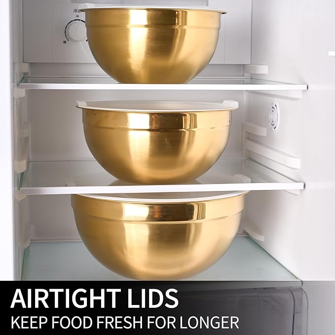 Gold Mixing Bowls with Lids Set of 7, Stainless Steel Nesting Bowl with Khaki Lid for Non-slip Mixing Prepping Storing Serving, 7 Sizes-7/3.6/2.7/2.1/1.5/1/0.8 QT