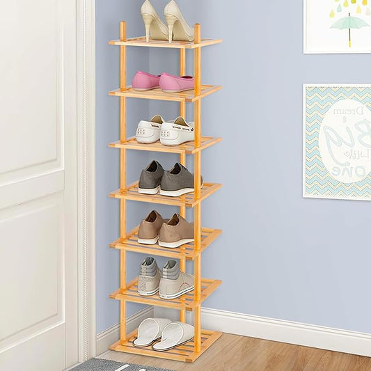 7-Tier Shoe Rack for Closet, Shoes Organizer Free Standing Shelf Entryway and Closet Hallway, Small Space Stackable Bamboo Multifunctional Racks Shoe Storage