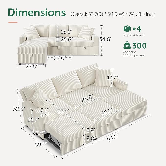 HONBAY Sectional Sleeper Sofa with Pull Out Bed, L Shaped U Shaped Couch with Storage Ottoman, Velvet White